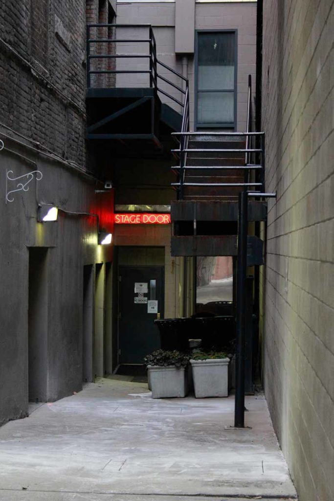 Photo. A back alley way, everything is shades of grey except for a red lit neon "Stage Door" sign below a staircase.