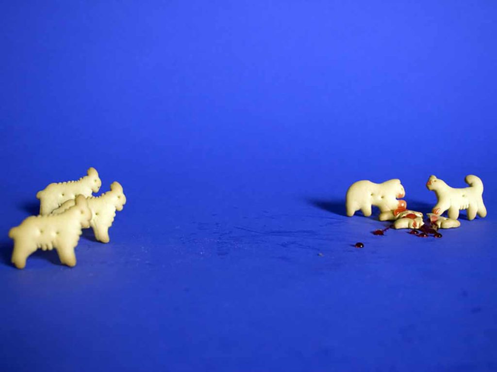 Photo. A playful scene, a group of animal cracker goats look on as a cracker lion and bear 'eat' another broken, jam-covered goat cracker.